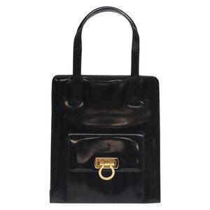 Salvatore Ferragamo Gancini Hand Bag Enamel Black Gold Auth 130619